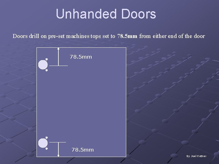 Unhanded Doors drill on pre-set machines tops set to 78. 5 mm from either Unhanded Doors drill on pre-set machines tops set to 78. 5 mm from either