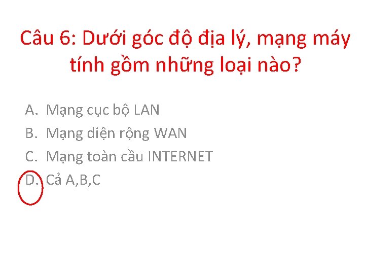 Câu 6: Dưới góc độ địa lý, mạng máy tính gồm những loại nào?