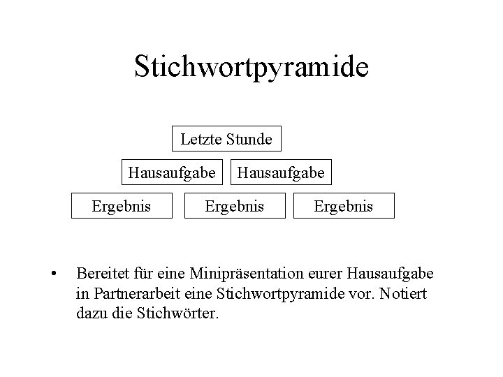 Stichwortpyramide Letzte Stunde Hausaufgabe Ergebnis • Hausaufgabe Ergebnis Bereitet für eine Minipräsentation eurer Hausaufgabe