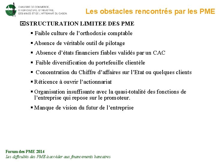 Les obstacles rencontrés par les PME STRUCTURATION LIMITEE DES PME § Faible culture de