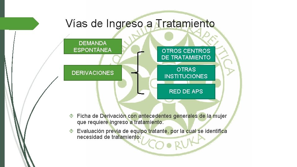 Vías de Ingreso a Tratamiento DEMANDA ESPONTÁNEA DERIVACIONES OTROS CENTROS DE TRATAMIENTO OTRAS INSTITUCIONES