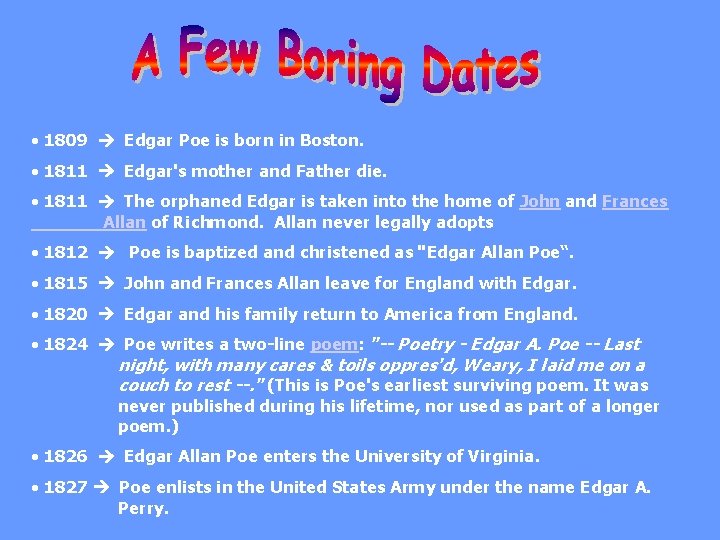  • 1809 Edgar Poe is born in Boston. • 1811 Edgar's mother and