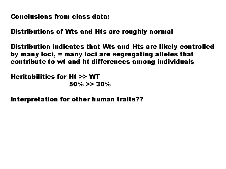 Conclusions from class data: Distributions of Wts and Hts are roughly normal Distribution indicates Conclusions from class data: Distributions of Wts and Hts are roughly normal Distribution indicates