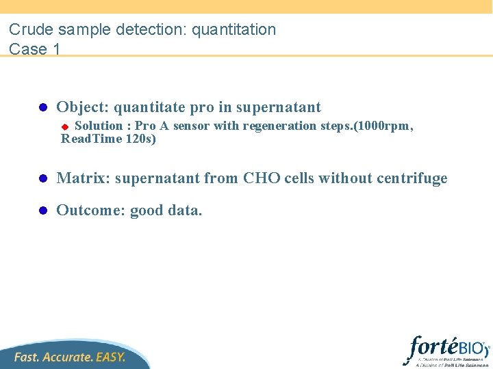 Crude sample detection: quantitation Case 1 l Object: quantitate pro in supernatant Solution :