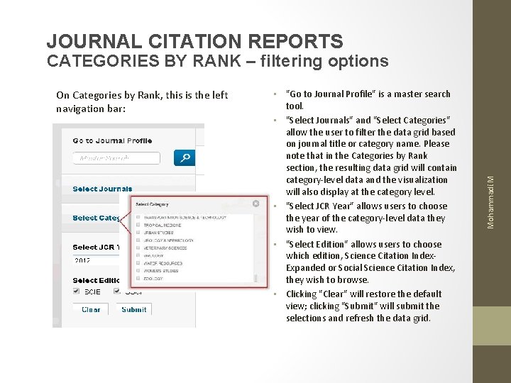 JOURNAL CITATION REPORTS On Categories by Rank, this is the left navigation bar: • JOURNAL CITATION REPORTS On Categories by Rank, this is the left navigation bar: •