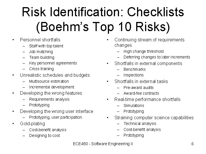 Risk Identification: Checklists (Boehm’s Top 10 Risks) • – – – • • Personnel Risk Identification: Checklists (Boehm’s Top 10 Risks) • – – – • • Personnel