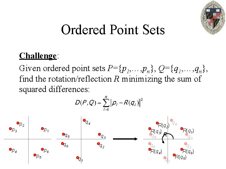 Ordered Point Sets Challenge: Given ordered point sets P={p 1, …, pn}, Q={q 1,