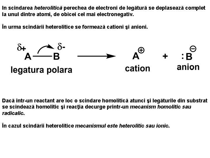 In scindarea heterolitică perechea de electroni de legătură se deplasează complet la unul dintre In scindarea heterolitică perechea de electroni de legătură se deplasează complet la unul dintre