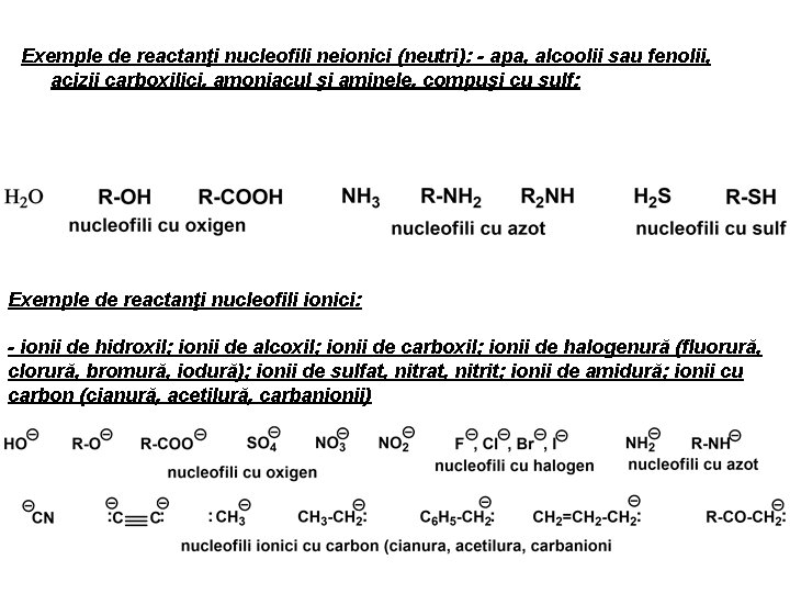 Exemple de reactanţi nucleofili neionici (neutri): - apa, alcoolii sau fenolii, acizii carboxilici, amoniacul Exemple de reactanţi nucleofili neionici (neutri): - apa, alcoolii sau fenolii, acizii carboxilici, amoniacul