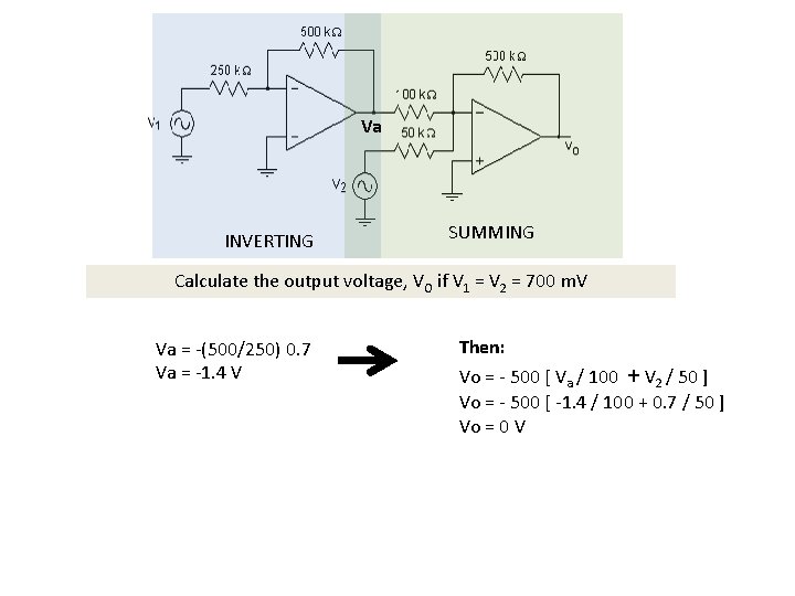 Va INVERTING SUMMING Calculate the output voltage, VO if V 1 = V 2 Va INVERTING SUMMING Calculate the output voltage, VO if V 1 = V 2
