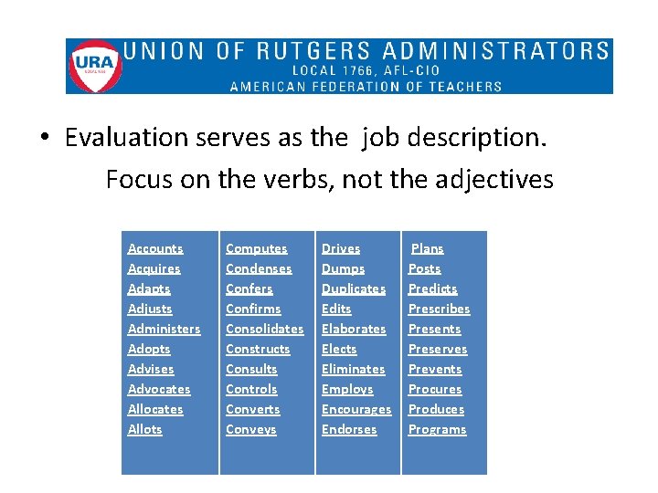  • Evaluation serves as the job description. Focus on the verbs, not the