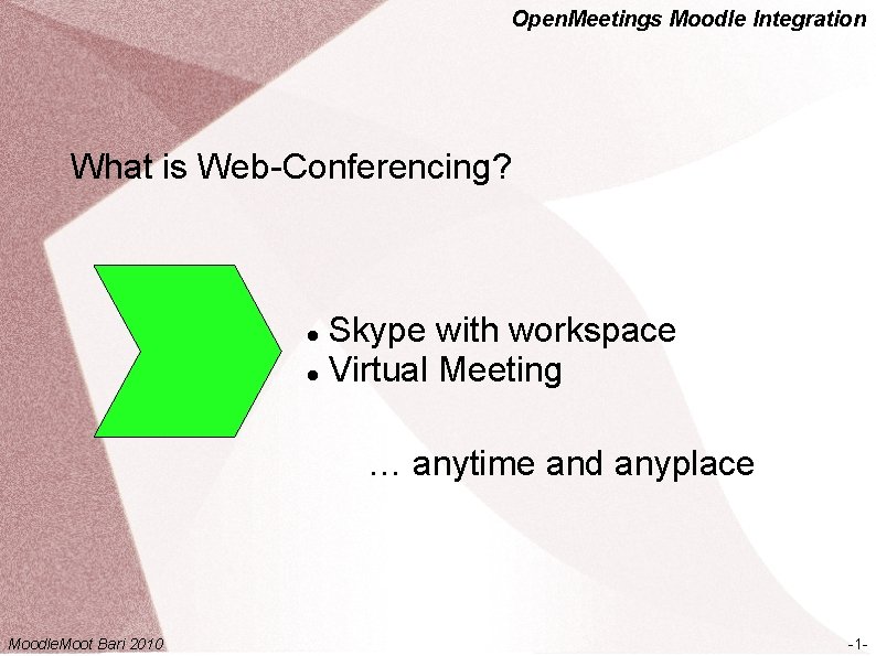 Open. Meetings Moodle Integration What is Web-Conferencing? Skype with workspace Virtual Meeting … anytime