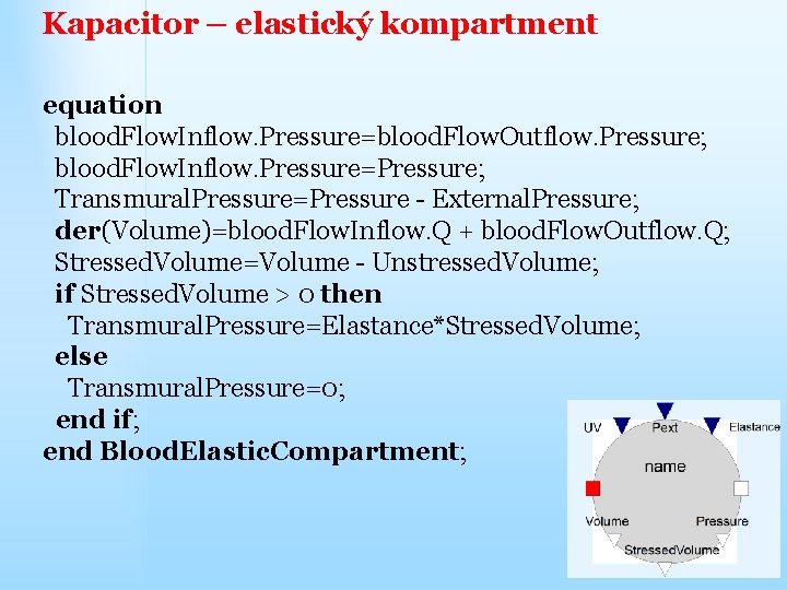 Kapacitor – elastický kompartment equation blood. Flow. Inflow. Pressure=blood. Flow. Outflow. Pressure; blood. Flow.