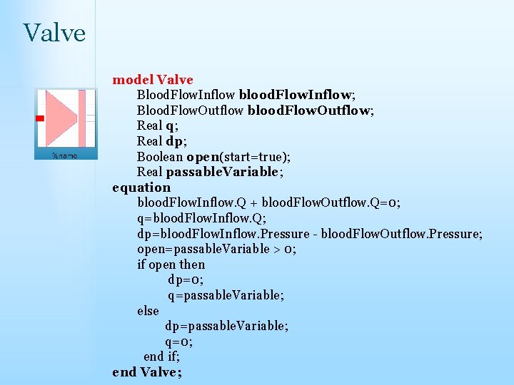 Valve model Valve Blood. Flow. Inflow blood. Flow. Inflow; Blood. Flow. Outflow blood. Flow.