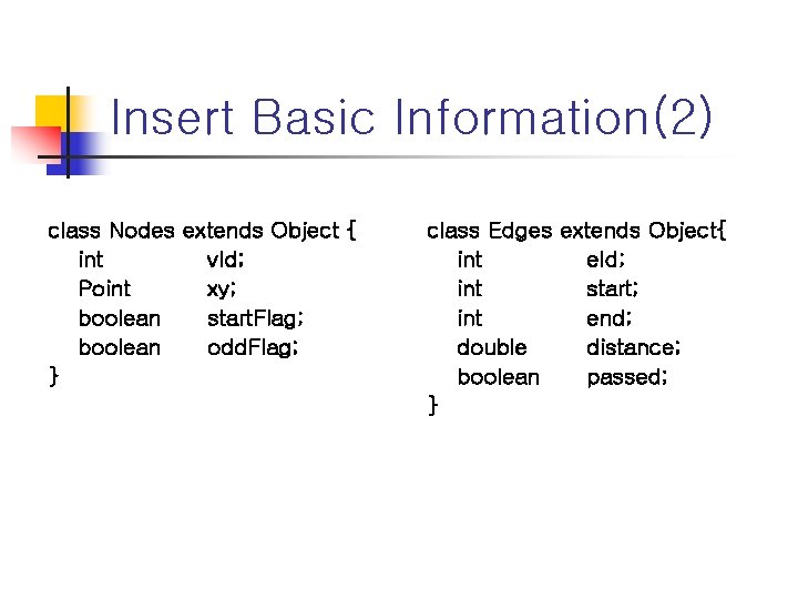 Insert Basic Information(2) class Nodes extends Object { int v. Id; Point xy; boolean