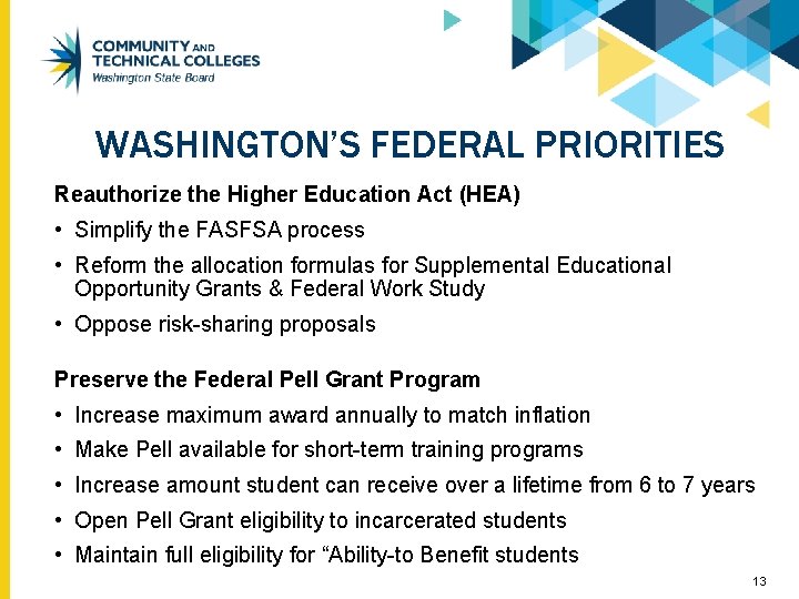 WASHINGTON’S FEDERAL PRIORITIES Reauthorize the Higher Education Act (HEA) • Simplify the FASFSA process