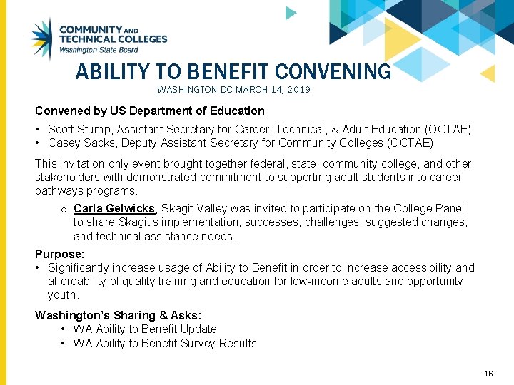 ABILITY TO BENEFIT CONVENING WASHINGTON DC MARCH 14, 2019 Convened by US Department of