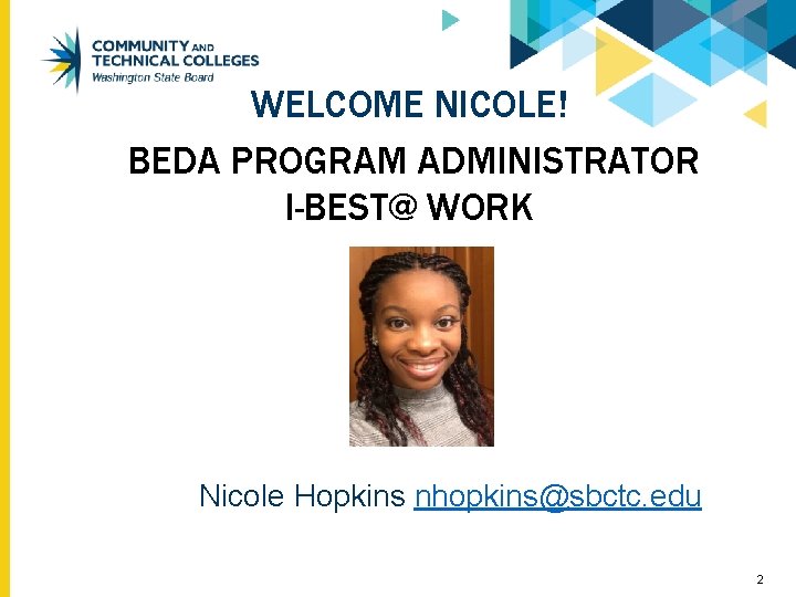 WELCOME NICOLE! BEDA PROGRAM ADMINISTRATOR I-BEST@ WORK Nicole Hopkins nhopkins@sbctc. edu 2 