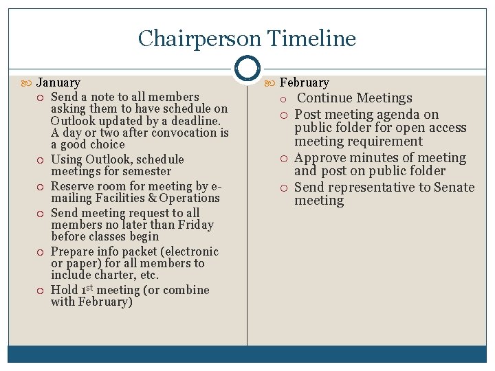 Chairperson Timeline January Send a note to all members asking them to have schedule