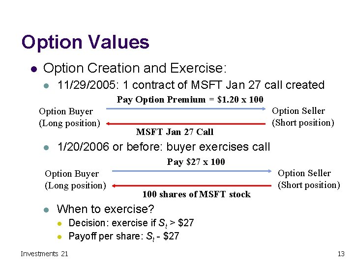 Option Values l Option Creation and Exercise: l 11/29/2005: 1 contract of MSFT Jan