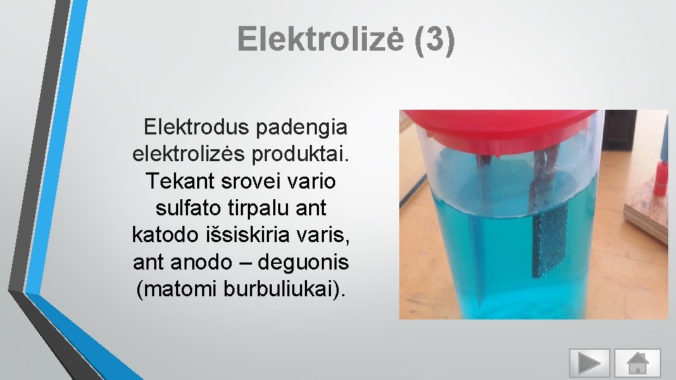 Elektrolizė (3) Elektrodus padengia elektrolizės produktai. Tekant srovei vario sulfato tirpalu ant katodo išsiskiria