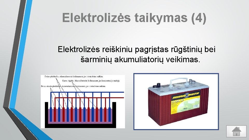 Elektrolizės taikymas (4) Elektrolizės reiškiniu pagrįstas rūgštinių bei šarminių akumuliatorių veikimas. 