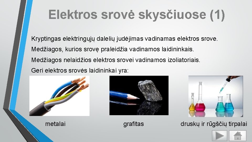 Elektros srovė skysčiuose (1) Kryptingas elektringųjų dalelių judėjimas vadinamas elektros srove. Medžiagos, kurios srovę