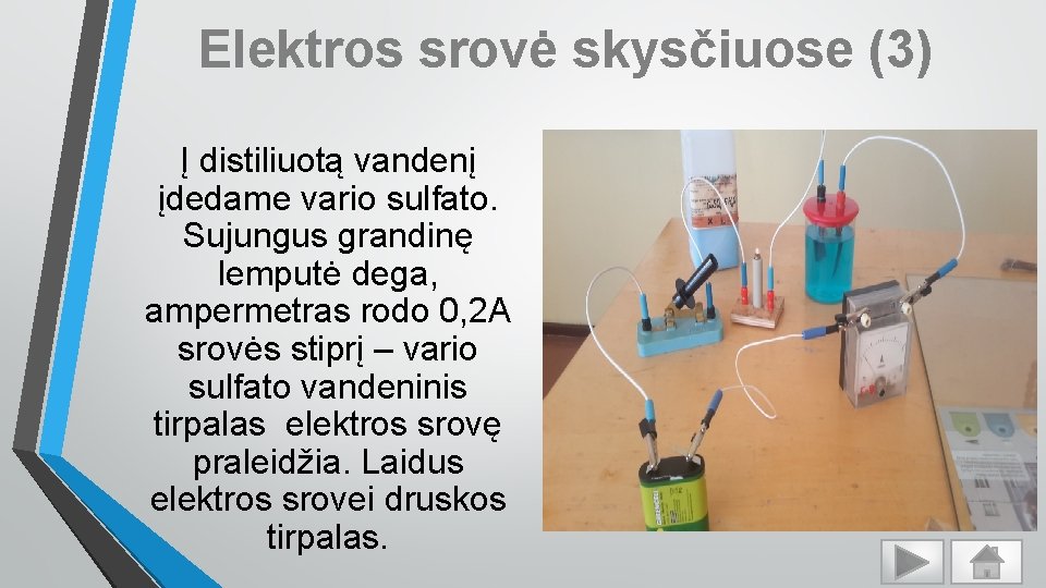 Elektros srovė skysčiuose (3) Į distiliuotą vandenį įdedame vario sulfato. Sujungus grandinę lemputė dega,