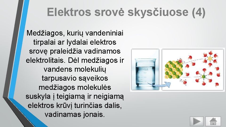 Elektros srovė skysčiuose (4) Medžiagos, kurių vandeniniai tirpalai ar lydalai elektros srovę praleidžia vadinamos