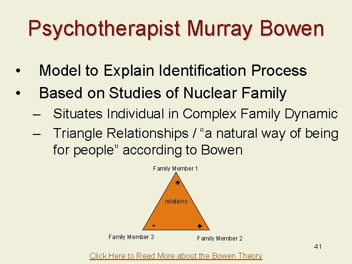 Psychotherapist Murray Bowen • • Model to Explain Identification Process Based on Studies of