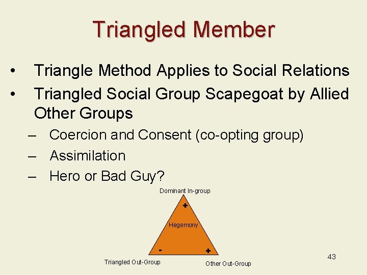 Triangled Member • • Triangle Method Applies to Social Relations Triangled Social Group Scapegoat