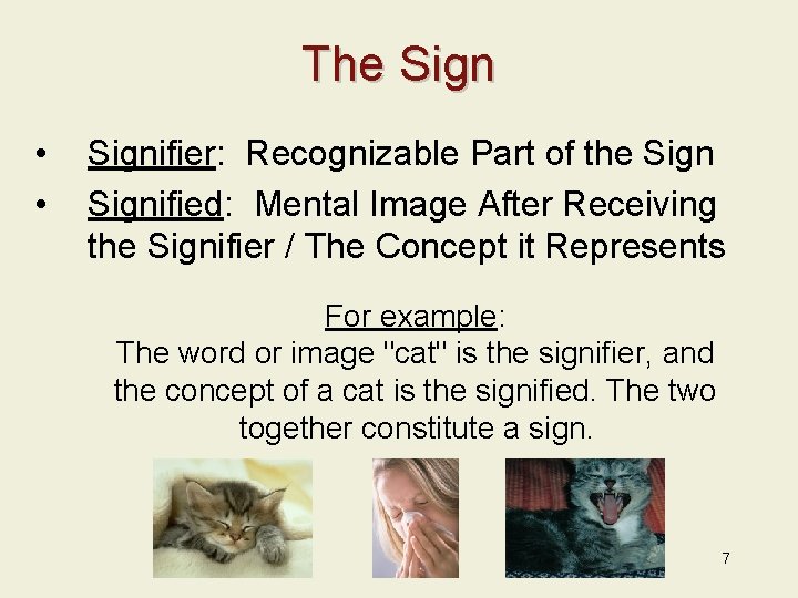 The Sign • • Signifier: Recognizable Part of the Signified: Mental Image After Receiving