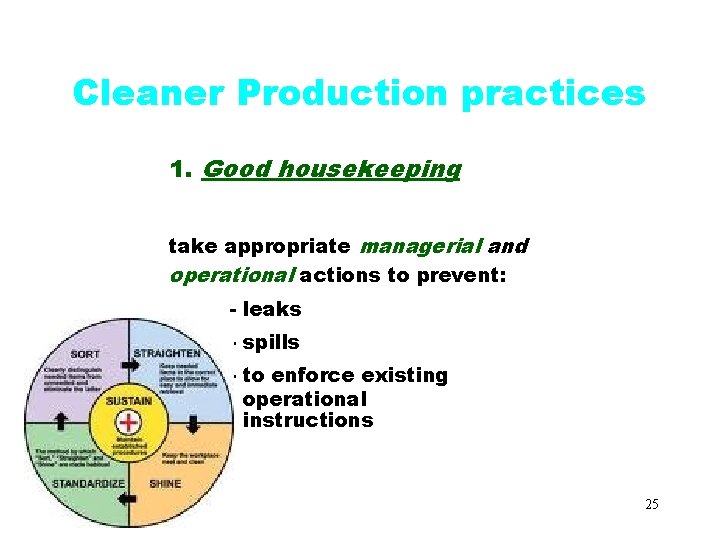 Cleaner Production practices 1. Good housekeeping take appropriate managerial and operational actions to prevent: Cleaner Production practices 1. Good housekeeping take appropriate managerial and operational actions to prevent: