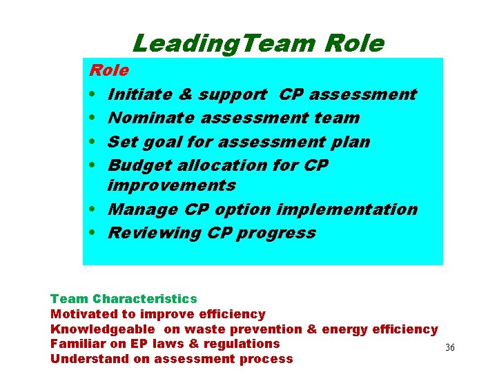 Leading. Team Role • Initiate & support CP assessment • Nominate assessment team •