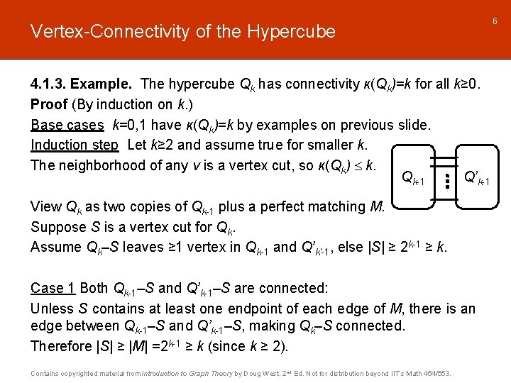 Vertex-Connectivity of the Hypercube 4. 1. 3. Example. The hypercube Qk has connectivity κ(Qk)=k