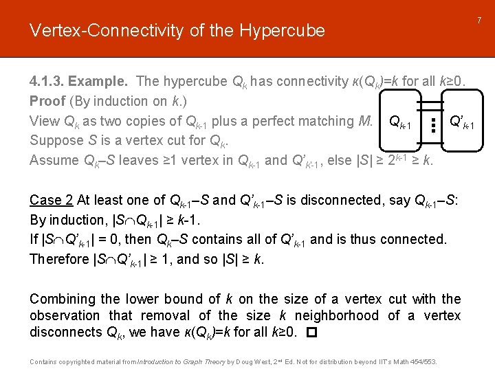 Vertex-Connectivity of the Hypercube 4. 1. 3. Example. The hypercube Qk has connectivity κ(Qk)=k