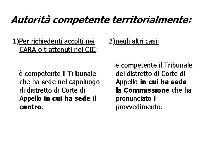 Autorità competente territorialmente: 1)Per richiedenti accolti nei CARA o trattenuti nei CIE: è competente