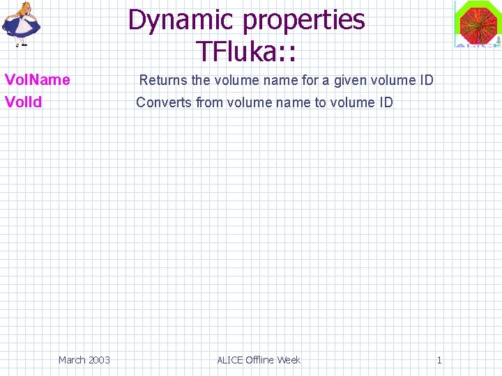 Dynamic properties TFluka: : Vol. Name Vol. Id March 2003 Returns the volume name