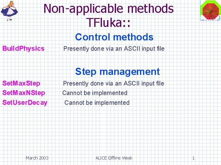Non-applicable methods TFluka: : Control methods Build. Physics Presently done via an ASCII input