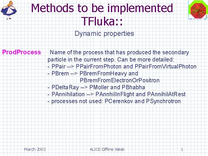 Methods to be implemented TFluka: : Dynamic properties Prod. Process March 2003 Name of