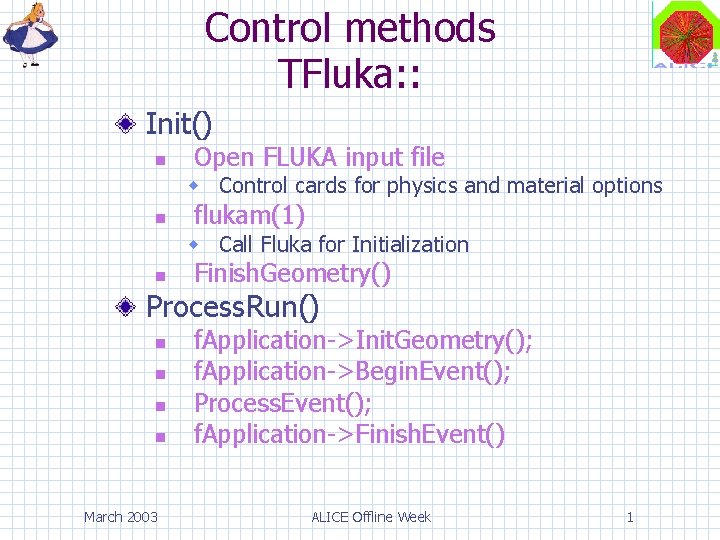 Control methods TFluka: : Init() Open FLUKA input file Control cards for physics and