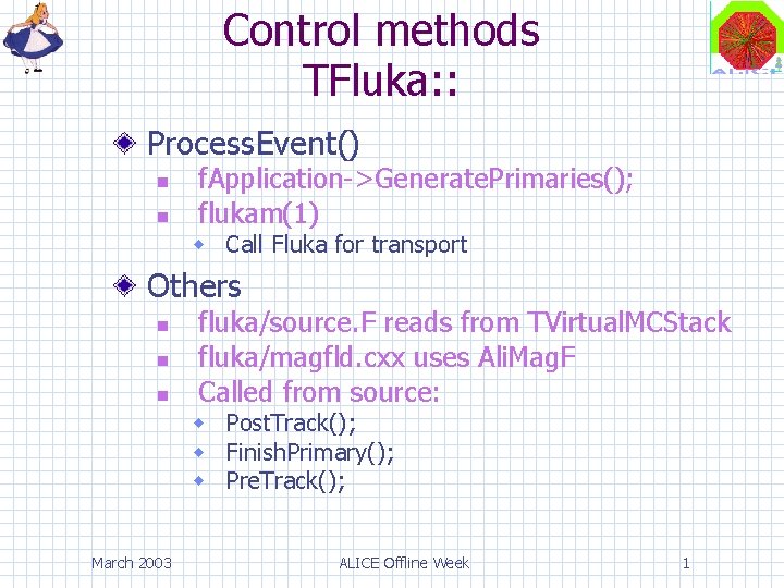 Control methods TFluka: : Process. Event() f. Application->Generate. Primaries(); flukam(1) Call Fluka for transport