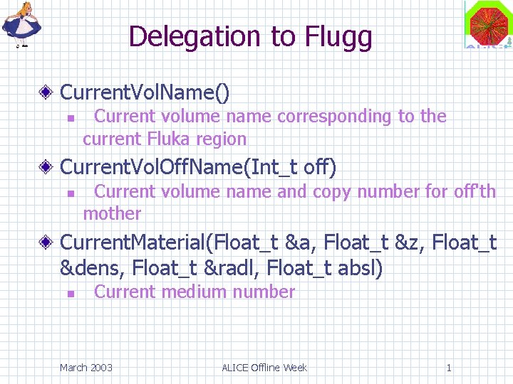 Delegation to Flugg Current. Vol. Name() Current volume name corresponding to the current Fluka