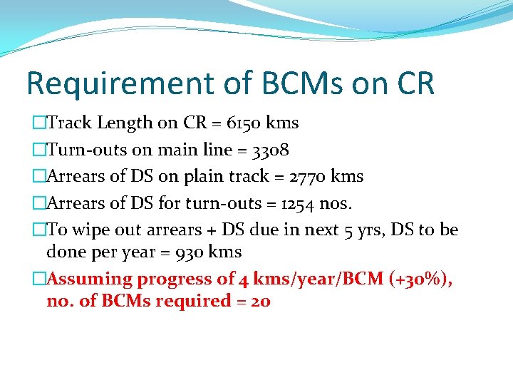 Requirement of BCMs on CR �Track Length on CR = 6150 kms �Turn-outs on