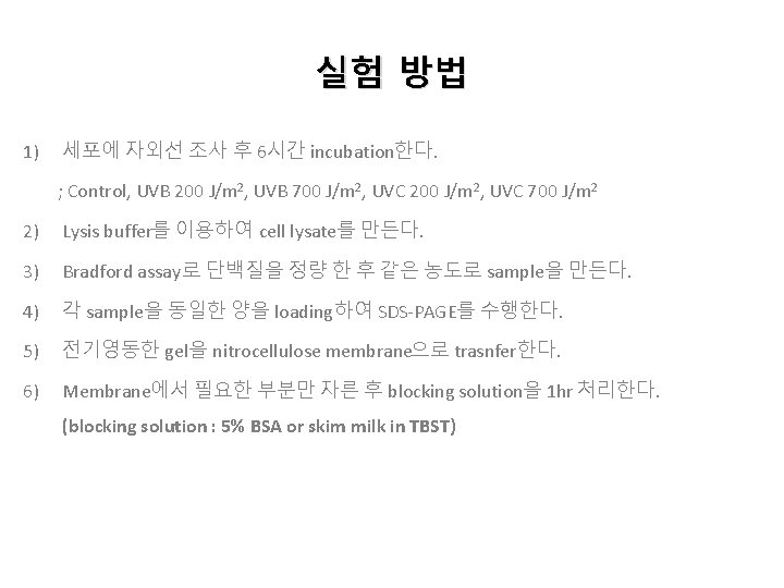 실험 방법 1) 세포에 자외선 조사 후 6시간 incubation한다. ; Control, UVB 200 J/m 실험 방법 1) 세포에 자외선 조사 후 6시간 incubation한다. ; Control, UVB 200 J/m