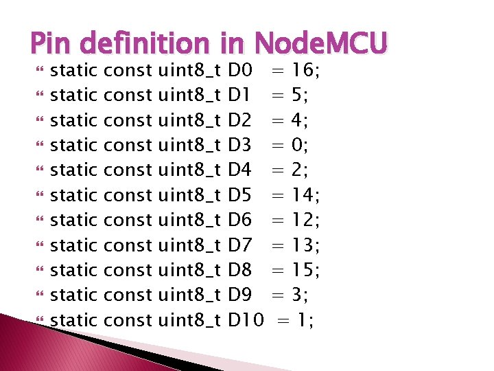 Pin definition in Node. MCU static static static const const const uint 8_t uint