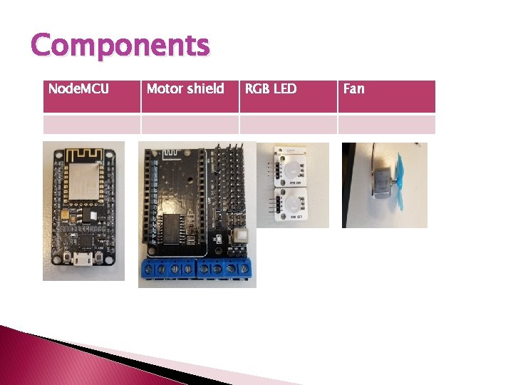 Components Node. MCU Motor shield RGB LED Fan 