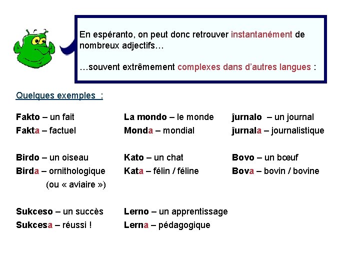 En espéranto, on peut donc retrouver instantanément de nombreux adjectifs… …souvent extrêmement complexes dans