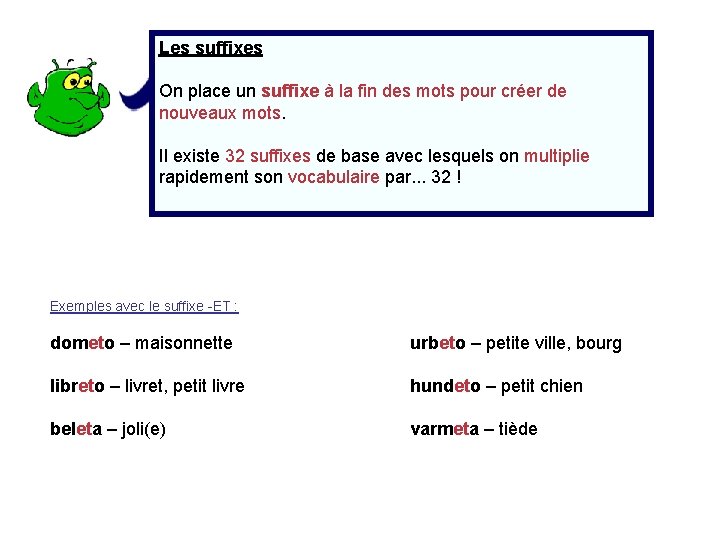 Les suffixes On place un suffixe à la fin des mots pour créer de