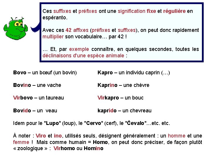 Ces suffixes et préfixes ont une signification fixe et régulière en espéranto. Avec ces